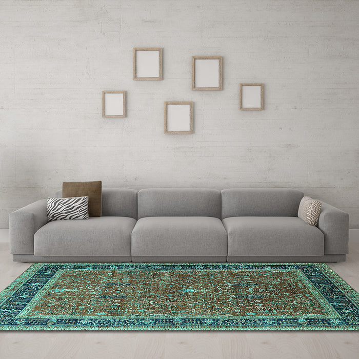 Machine Washable Oriental Turquoise Industrial Area Rugs in a Living Room,, wshurb2113turq