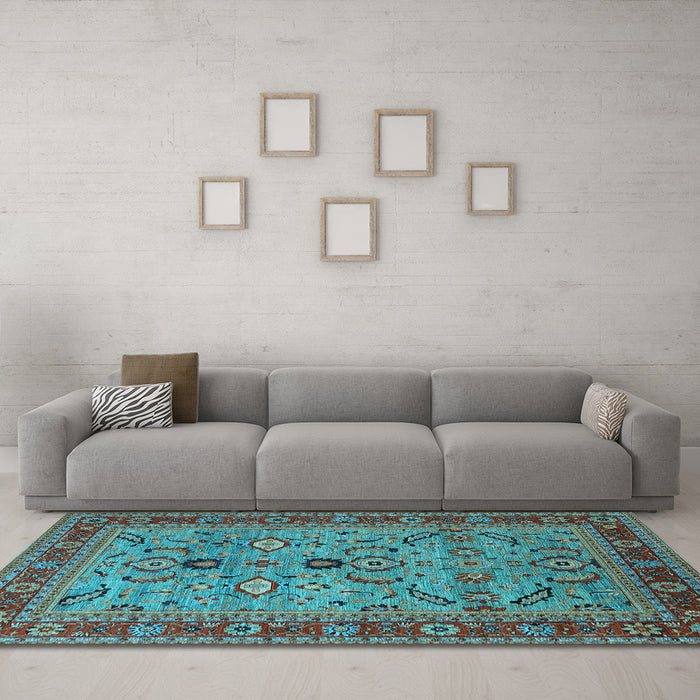 Machine Washable Oriental Light Blue Industrial Rug in a Living Room, wshurb2114lblu