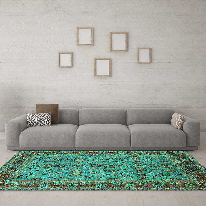 Machine Washable Oriental Turquoise Industrial Area Rugs in a Living Room,, wshurb2114turq