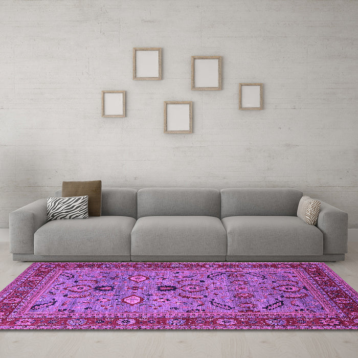 Machine Washable Oriental Purple Industrial Area Rugs in a Living Room, wshurb2114pur