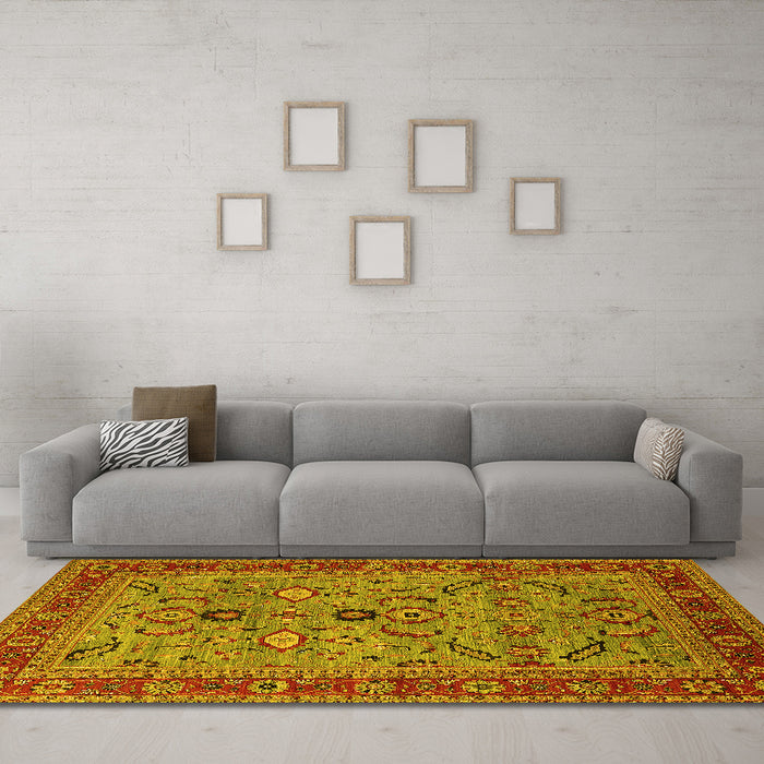 Machine Washable Oriental Yellow Industrial Rug in a Living Room, wshurb2114yw