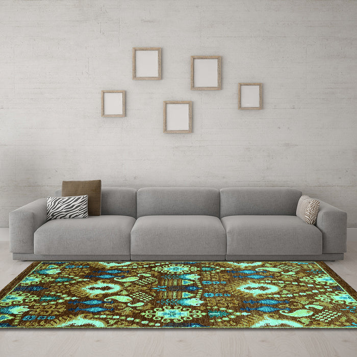 Machine Washable Oriental Turquoise Industrial Area Rugs in a Living Room,, wshurb2115turq