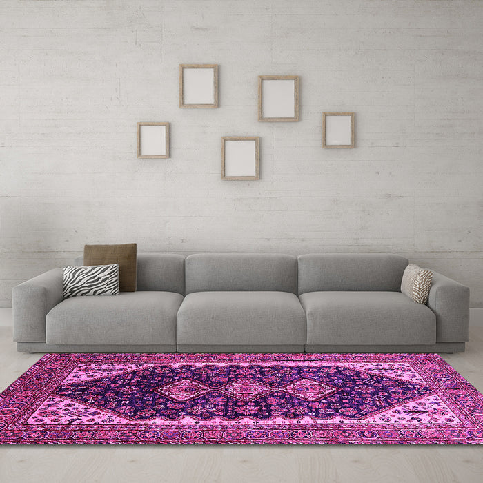 Machine Washable Oriental Pink Industrial Rug in a Living Room, wshurb2119pnk