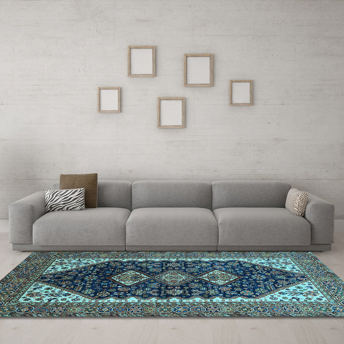 Machine Washable Oriental Light Blue Industrial Rug in a Living Room, wshurb2119lblu