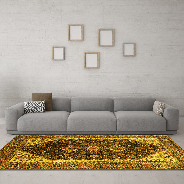 Machine Washable Oriental Yellow Industrial Rug in a Living Room, wshurb2119yw