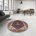 Round Mid-Century Modern Camel Brown Oriental Rug in a Office, urb2119