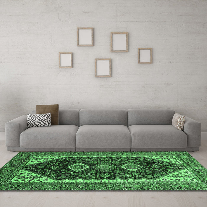 Machine Washable Oriental Emerald Green Industrial Area Rugs in a Living Room,, wshurb2119emgrn