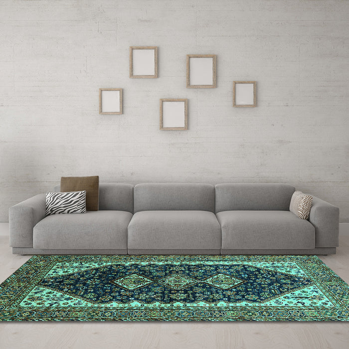 Machine Washable Oriental Turquoise Industrial Area Rugs in a Living Room,, wshurb2119turq