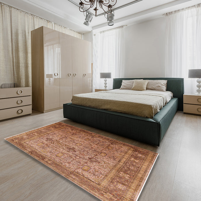 Mid-Century Modern Mahogany Brown Oriental Rug in a Bedroom, urb2120