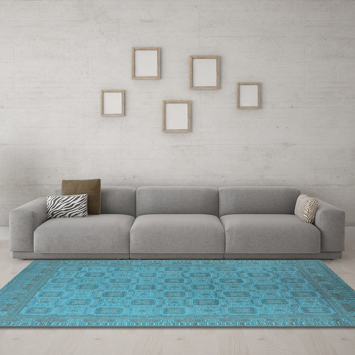 Machine Washable Oriental Light Blue Industrial Rug in a Living Room, wshurb2121lblu