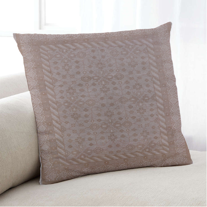 Lifestyle Image of Mid-Century Modern Urban Square Khaki Rose Pink Throw Pillow, 18 inch by 18 inch, pwurb2123