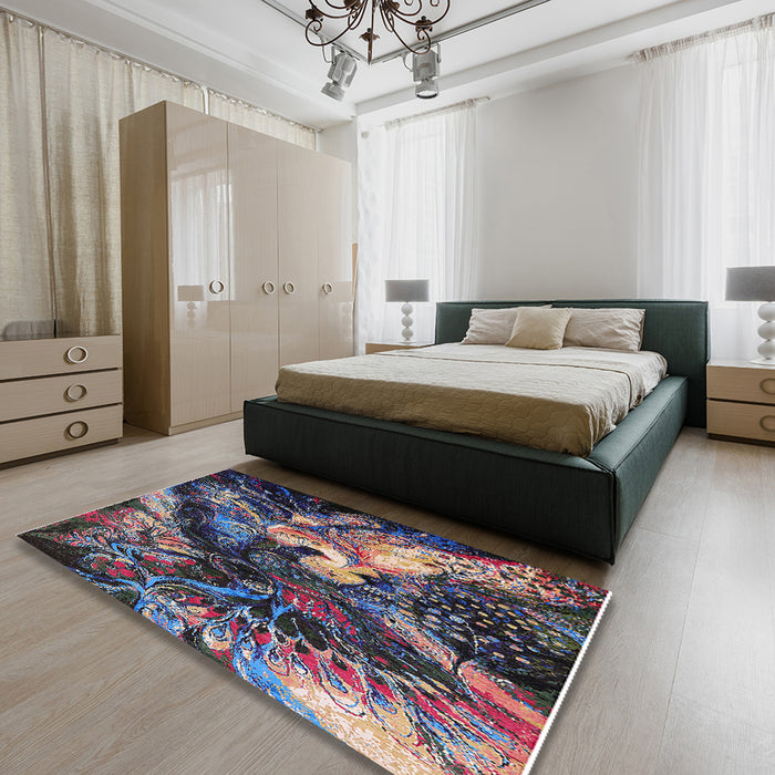 Mid-Century Modern Purple Lily Purple Oriental Rug in a Bedroom, urb2124