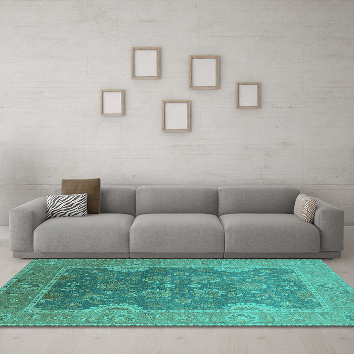 Machine Washable Oriental Turquoise Industrial Area Rugs in a Living Room,, wshurb2125turq