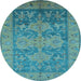 Round Machine Washable Oriental Light Blue Industrial Rug, wshurb2126lblu