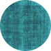 Round Machine Washable Oriental Turquoise Industrial Area Rugs, wshurb2129turq