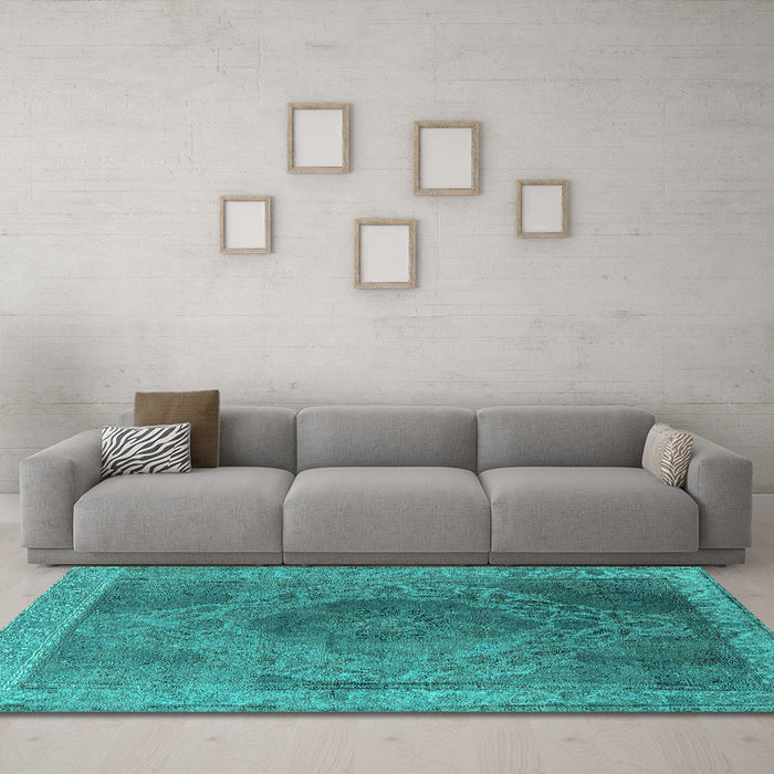 Machine Washable Oriental Turquoise Industrial Area Rugs in a Living Room,, wshurb2131turq