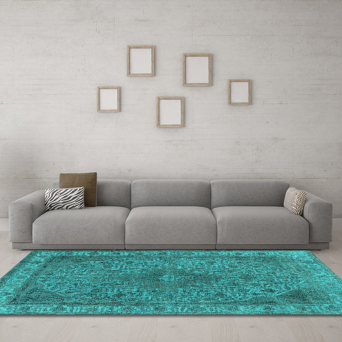 Machine Washable Oriental Turquoise Industrial Area Rugs in a Living Room,, wshurb2135turq