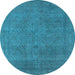 Round Machine Washable Oriental Light Blue Industrial Rug, wshurb2136lblu