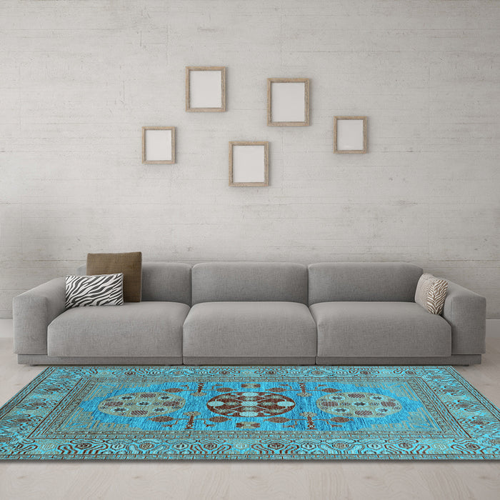 Machine Washable Oriental Light Blue Industrial Rug in a Living Room, wshurb2141lblu