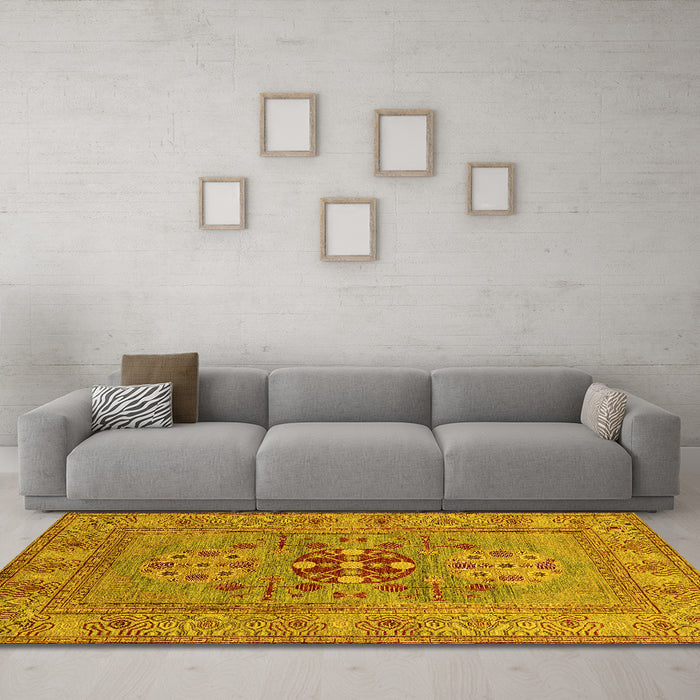 Machine Washable Oriental Yellow Industrial Rug in a Living Room, wshurb2141yw