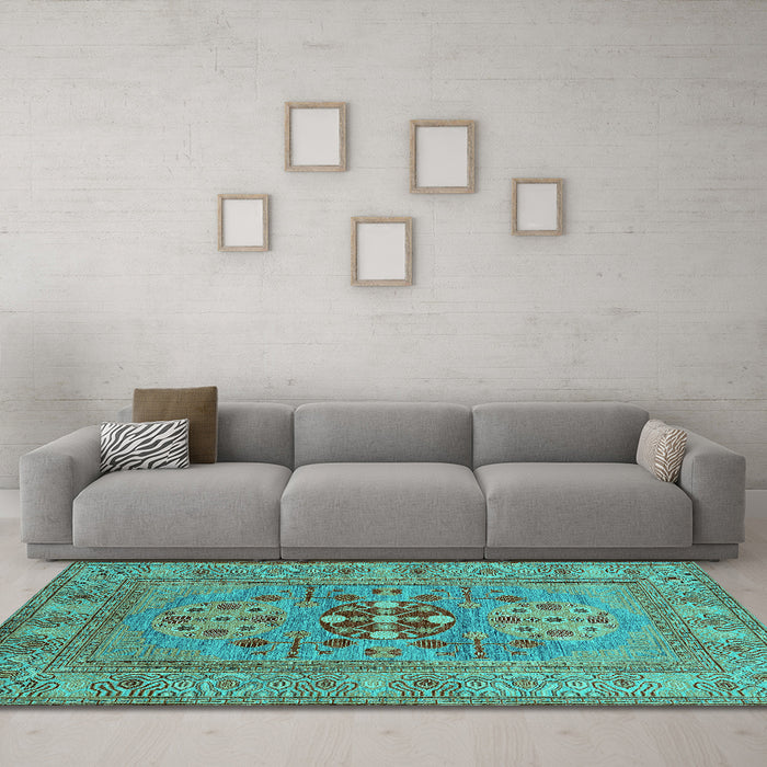 Machine Washable Oriental Turquoise Industrial Area Rugs in a Living Room,, wshurb2141turq