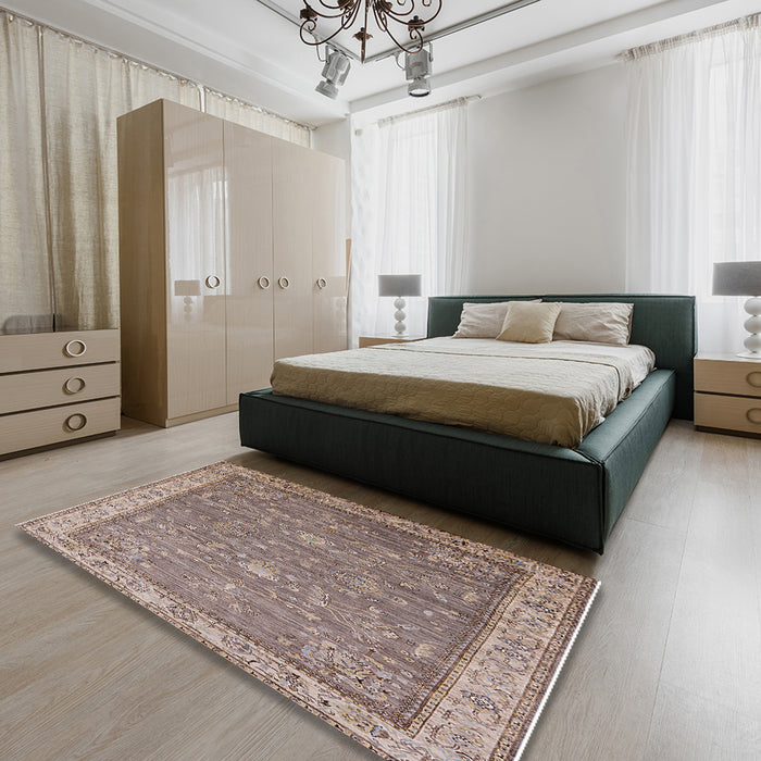 Mid-Century Modern Brown Oriental Rug in a Bedroom, urb2142