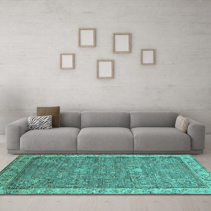 Machine Washable Oriental Turquoise Industrial Area Rugs in a Living Room,, wshurb2142turq