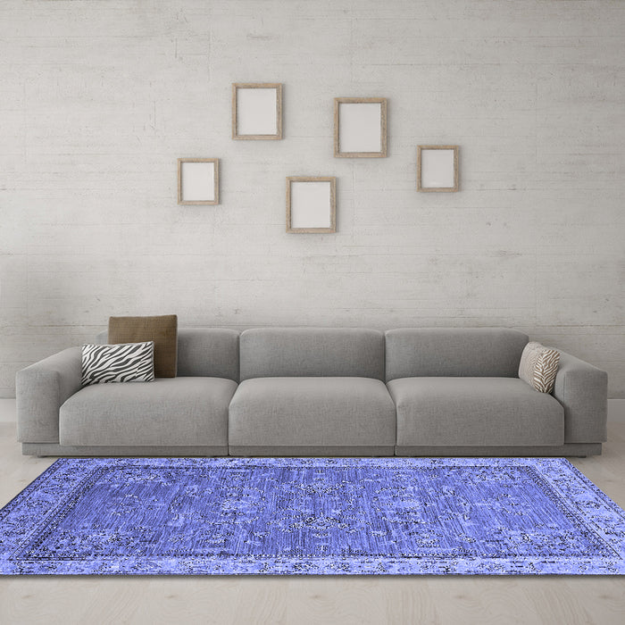 Machine Washable Oriental Blue Industrial Rug in a Living Room, wshurb2142blu