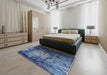 Mid-Century Modern Koi Blue Oriental Rug in a Bedroom, urb2144