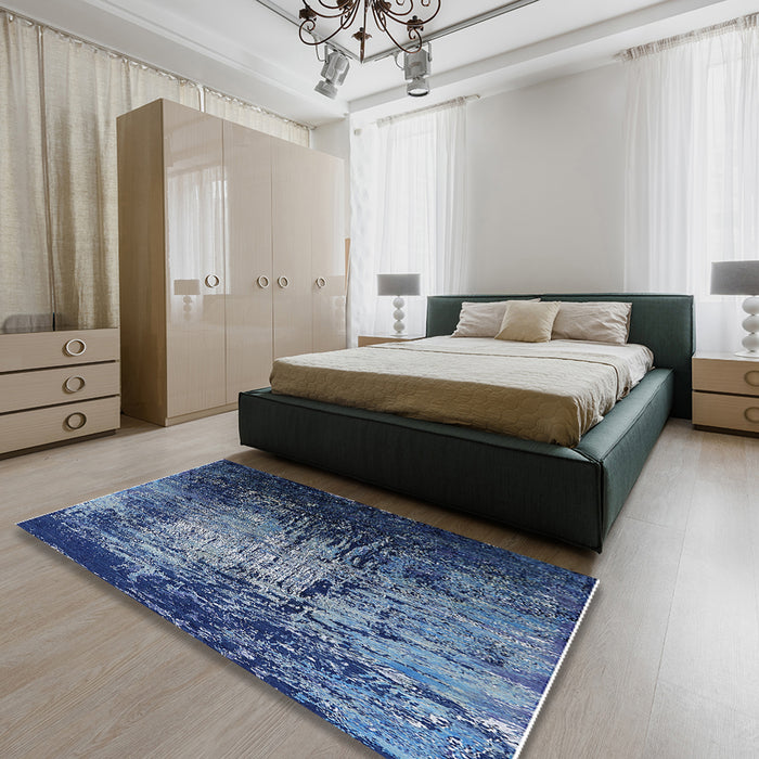 Mid-Century Modern Koi Blue Oriental Rug in a Bedroom, urb2144