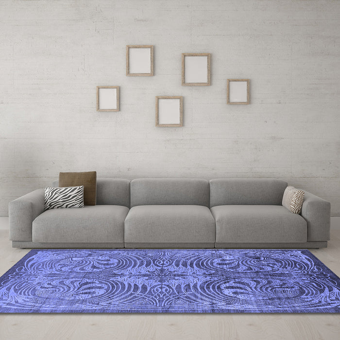 Machine Washable Oriental Blue Industrial Rug in a Living Room, wshurb2146blu