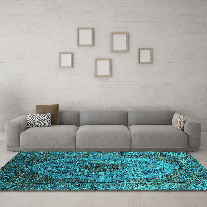 Machine Washable Oriental Turquoise Industrial Area Rugs in a Living Room,, wshurb2147turq