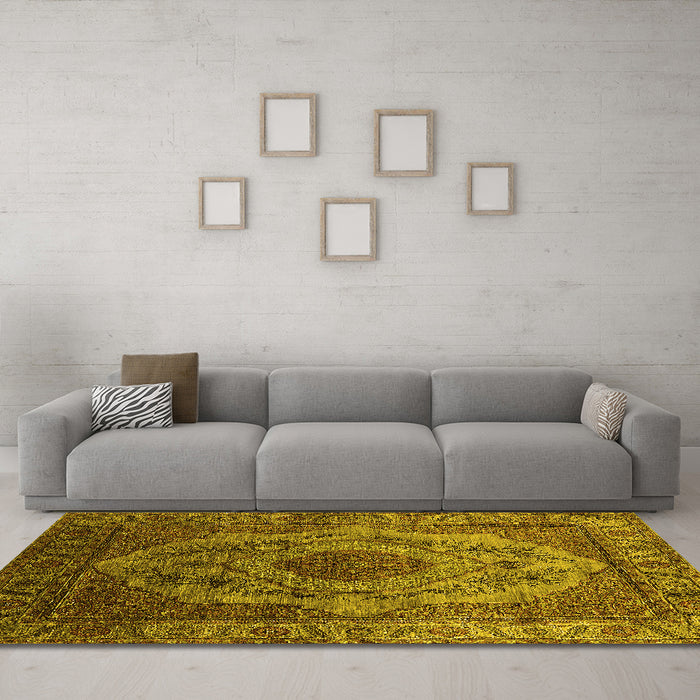 Machine Washable Oriental Yellow Industrial Rug in a Living Room, wshurb2147yw