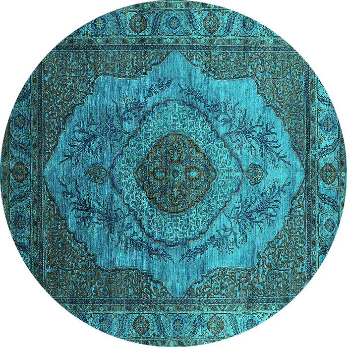 Round Machine Washable Oriental Turquoise Industrial Area Rugs, wshurb2147turq