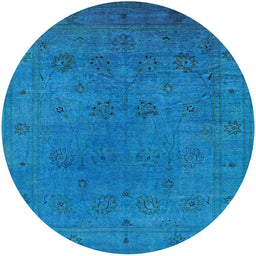 Round Mid-Century Modern Deep Sky Blue Oriental Rug, urb2149