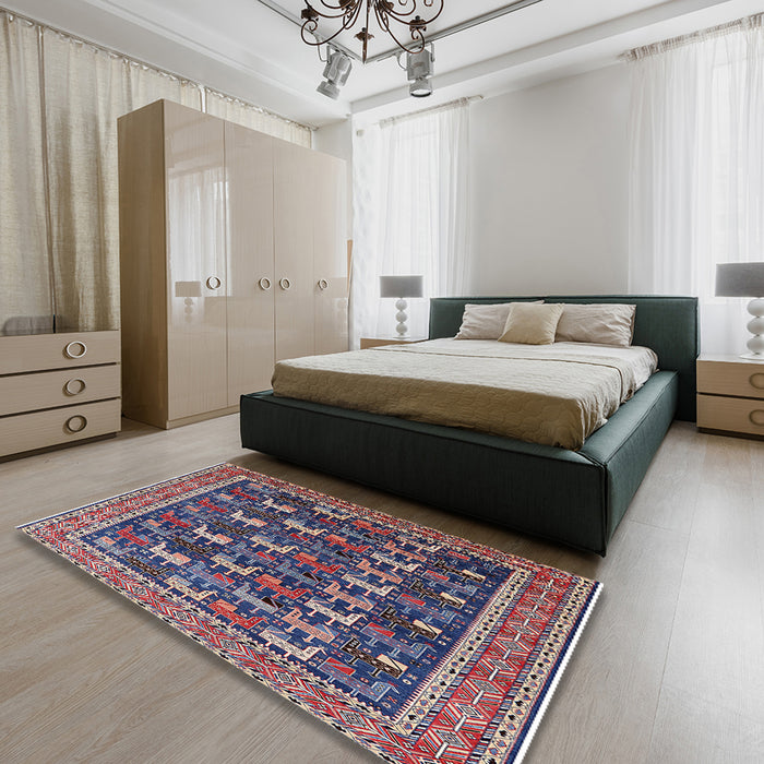 Mid-Century Modern Plum Purple Oriental Rug in a Bedroom, urb2150