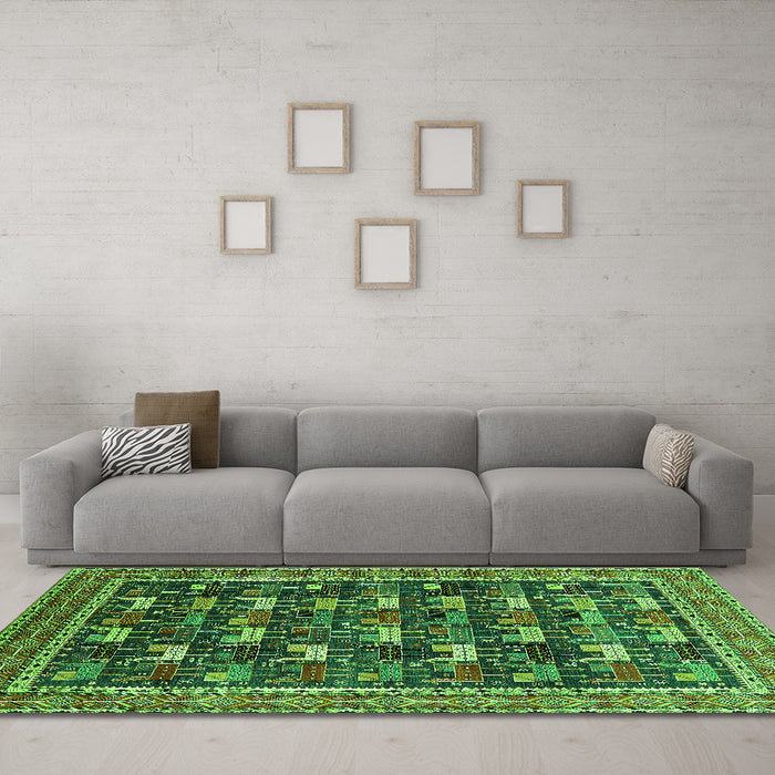 Machine Washable Oriental Green Industrial Area Rugs in a Living Room,, wshurb2150grn