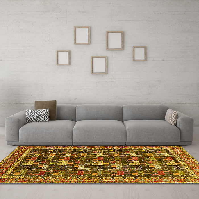 Machine Washable Oriental Yellow Industrial Rug in a Living Room, wshurb2150yw