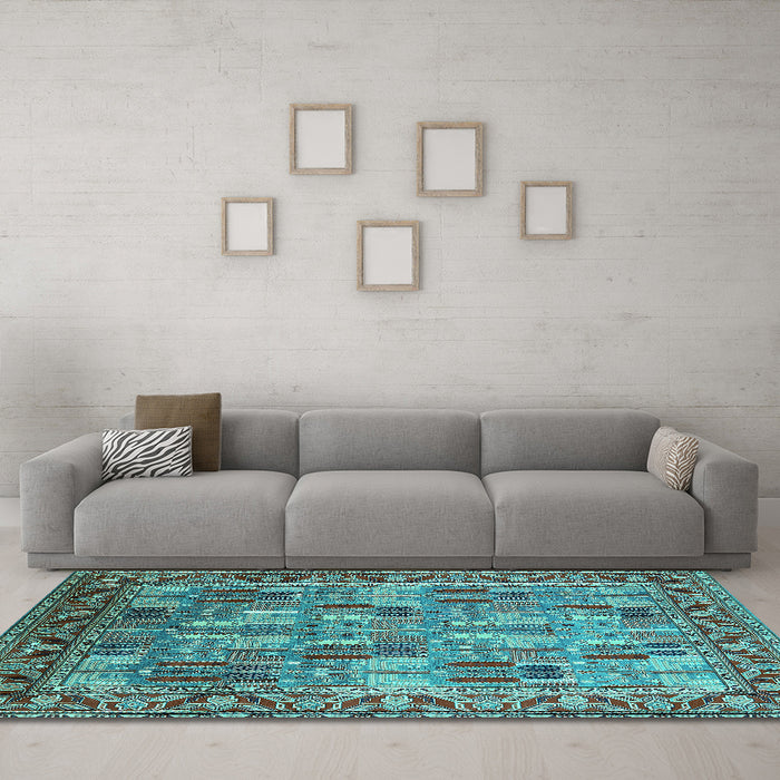 Machine Washable Oriental Turquoise Industrial Area Rugs in a Living Room,, wshurb2151turq