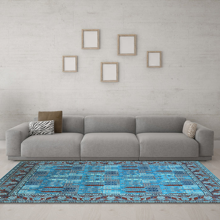 Machine Washable Oriental Light Blue Industrial Rug in a Living Room, wshurb2151lblu