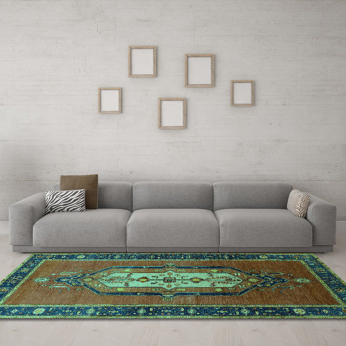 Machine Washable Oriental Turquoise Industrial Area Rugs in a Living Room,, wshurb2152turq