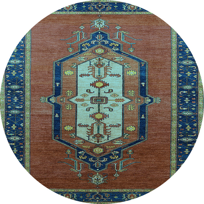 Round Machine Washable Oriental Light Blue Industrial Rug, wshurb2152lblu