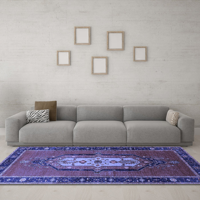 Machine Washable Oriental Blue Industrial Rug in a Living Room, wshurb2152blu