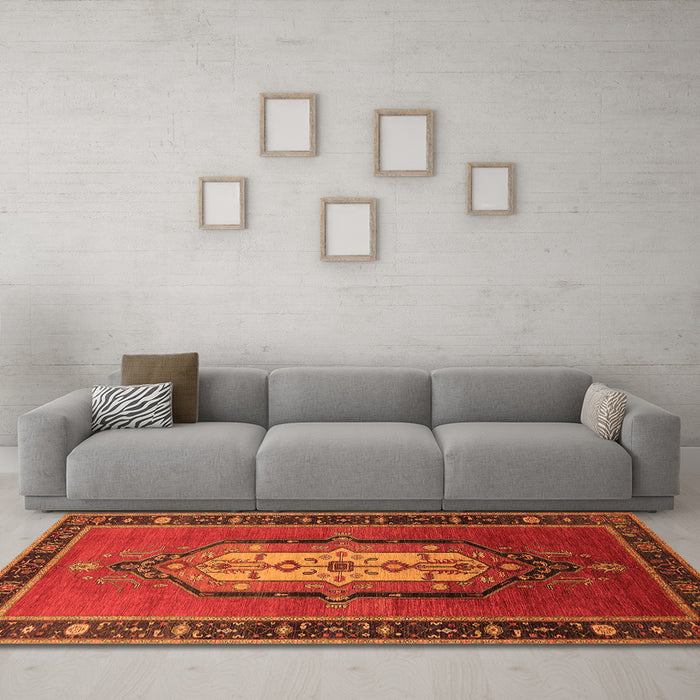 Machine Washable Oriental Orange Industrial Area Rugs in a Living Room, wshurb2152org