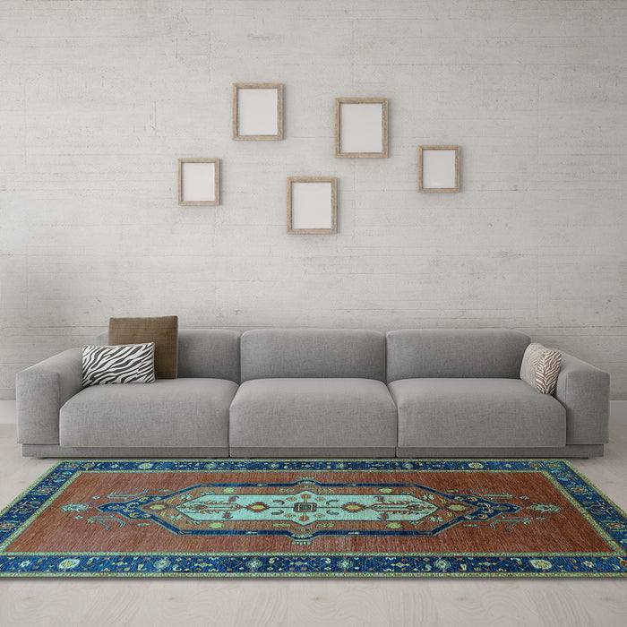 Machine Washable Oriental Light Blue Industrial Rug in a Living Room, wshurb2152lblu
