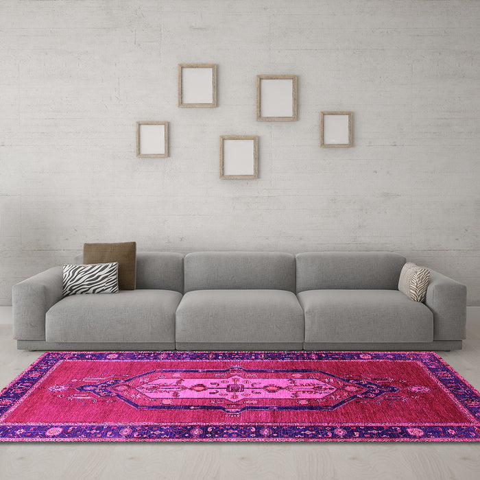 Machine Washable Oriental Pink Industrial Rug in a Living Room, wshurb2152pnk