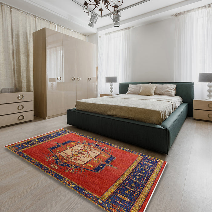 Mid-Century Modern Red Oriental Rug in a Bedroom, urb2152