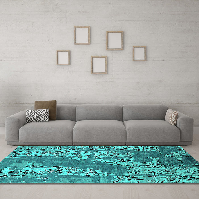 Machine Washable Oriental Turquoise Industrial Area Rugs in a Living Room,, wshurb2154turq