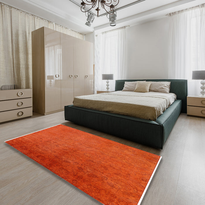 Mid-Century Modern Orange Red Orange Oriental Rug in a Bedroom, urb2161