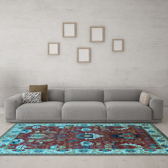 Machine Washable Oriental Light Blue Industrial Rug in a Living Room, wshurb2162lblu